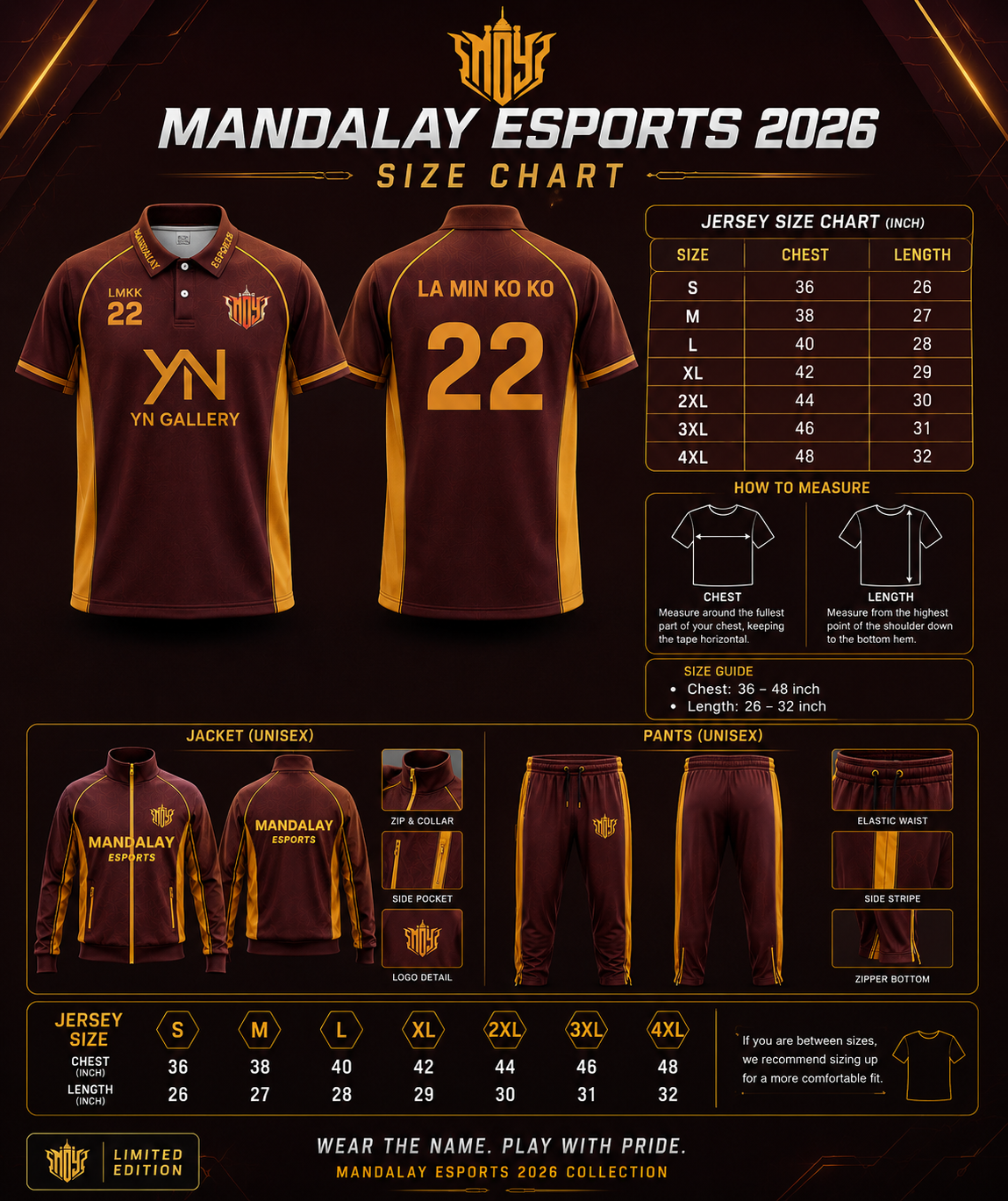 Mandalay Esports 2026 Size Chart Poster